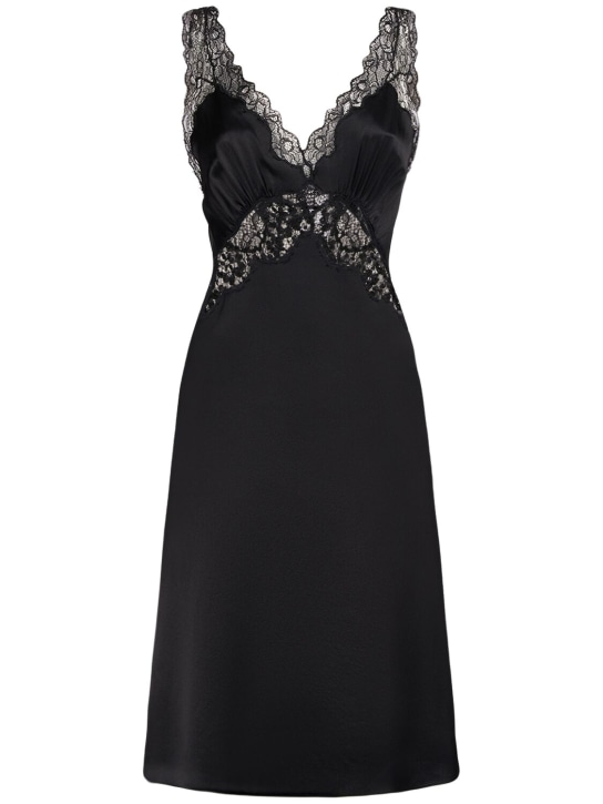 Saint Laurent: Crepe satin night dress w/ lace trim - Black - women_0 | Luisa Via Roma