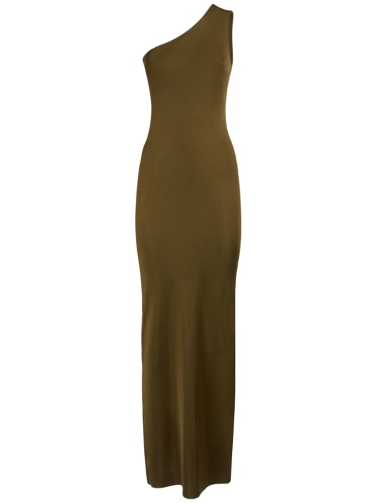 Saint Laurent: One shoulder long silk dress - Vert Mousse - women_0 | Luisa Via Roma