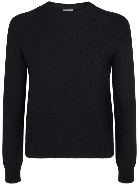 Saint Laurent: Suéter de punto de lana con cristales - Negro - men_0 | Luisa Via Roma