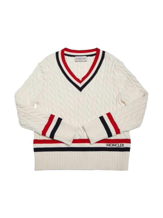 Moncler: Cotton knit v-neck sweater - White - kids-girls_0 | Luisa Via Roma