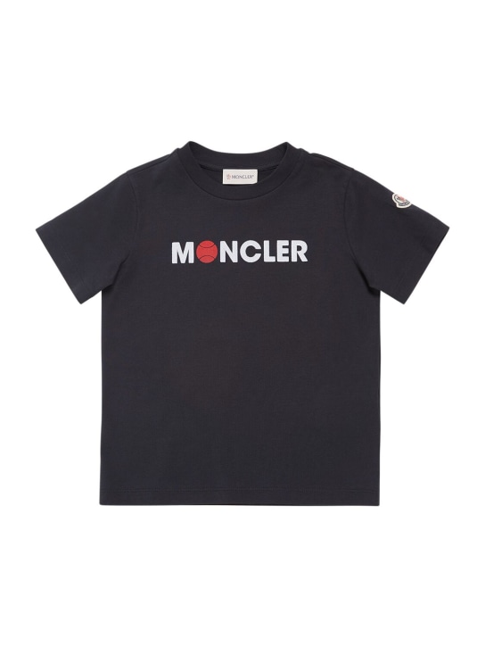 Moncler: Logo棉质平纹针织T恤 - 蓝色 - kids-girls_0 | Luisa Via Roma
