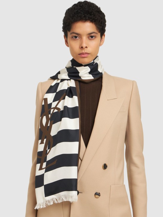 Saint Laurent: Logo striped silk scarf - Brown/Multi - women_1 | Luisa Via Roma