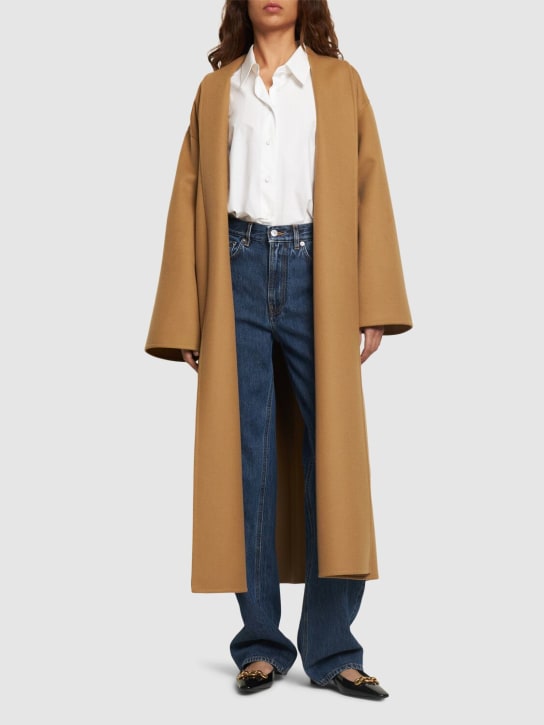Valentino: Wool compact belted long coat - Camel - women_1 | Luisa Via Roma