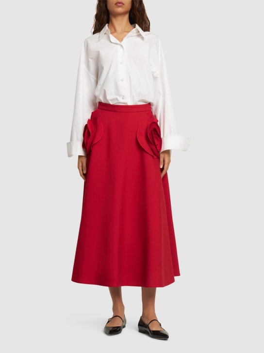 Valentino: Wool & silk crepe midi skirt w/ roses - Red - women_1 | Luisa Via Roma