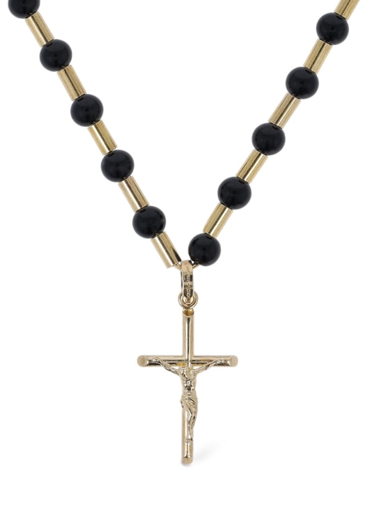 Dolce&Gabbana: Collier chaîne en perles à pendentif croix - Or/Noir - men_0 | Luisa Via Roma
