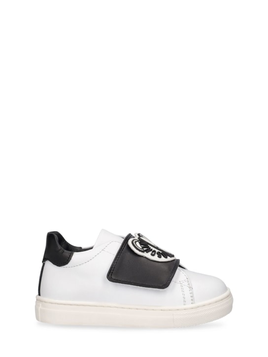 Moschino: Leather strap sneakers w/ patches - White/Black - kids-boys_0 | Luisa Via Roma