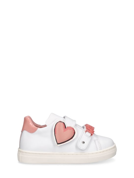 Moschino: Sneakers de piel con logo y correas - Blanco/Rosa - kids-girls_0 | Luisa Via Roma