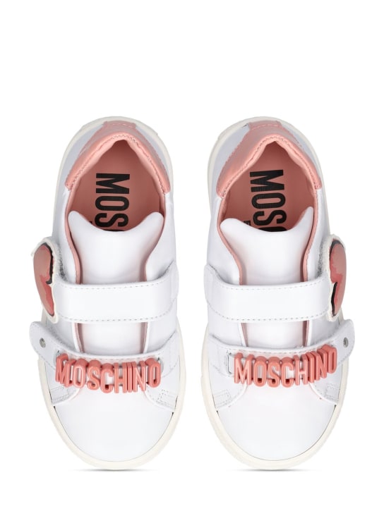Moschino: Logo leather strap sneakers - White/Pink - kids-girls_1 | Luisa Via Roma