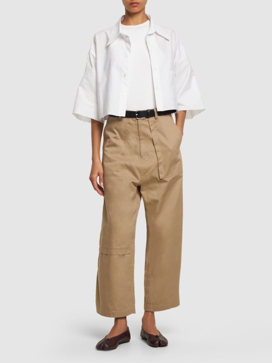Yohji Yamamoto: Pantalon droit en sergé de coton avec poche - Beige - women_1 | Luisa Via Roma
