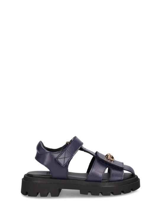 Versace: Sandales en cuir à logo - Marine/Doré - kids-girls_0 | Luisa Via Roma