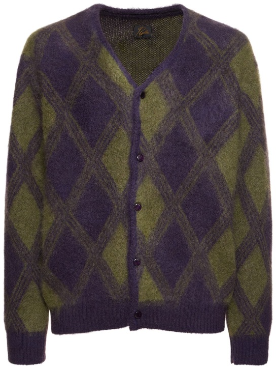 Needles: Argyle mohair blend cardigan - Purple/Green - men_0 | Luisa Via Roma