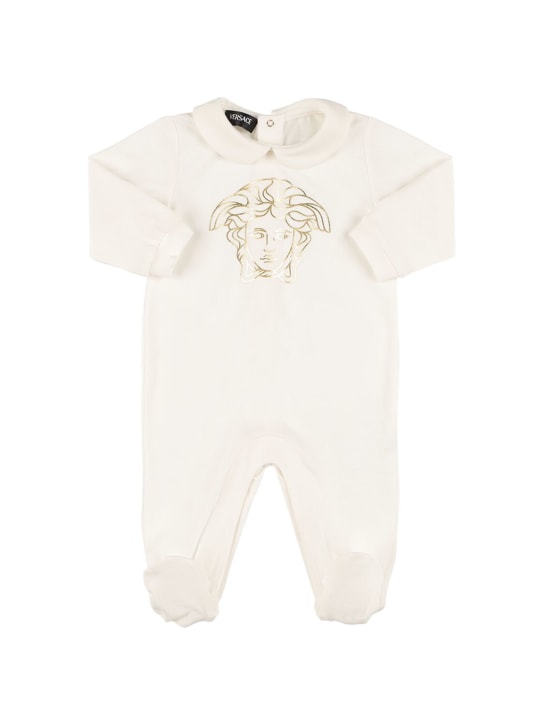 Versace: Pelele de jersey de algodón estampado - Blanco/Oro - kids-boys_0 | Luisa Via Roma