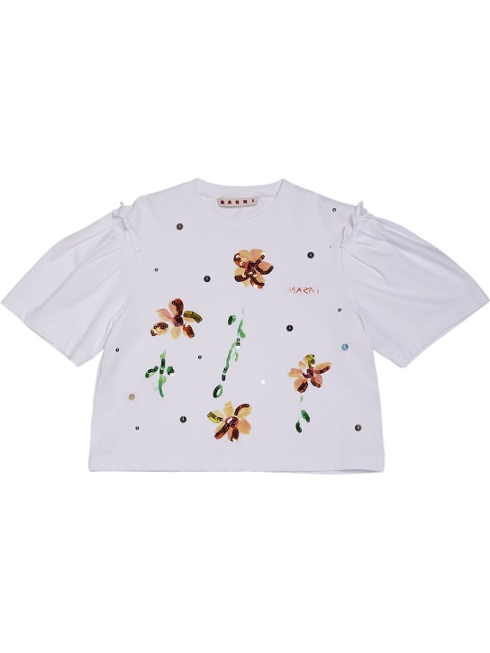 Marni Junior: Cotton jersey cropped t-shirt w/ sequins - White - kids-girls_0 | Luisa Via Roma