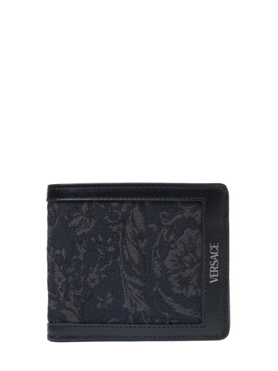 Versace: Jacquard & leather logo bifold wallet - Black Black - men_0 | Luisa Via Roma