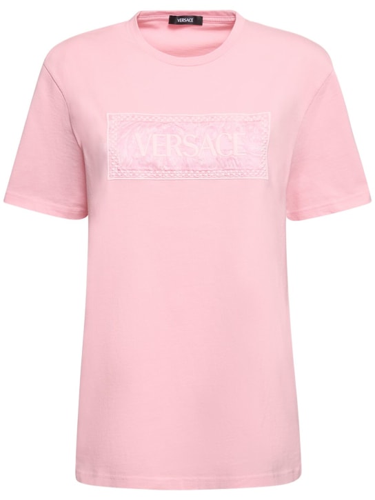 Versace: Barocco 로고 코튼 저지 티셔츠 - 라이트 핑크 - women_0 | Luisa Via Roma