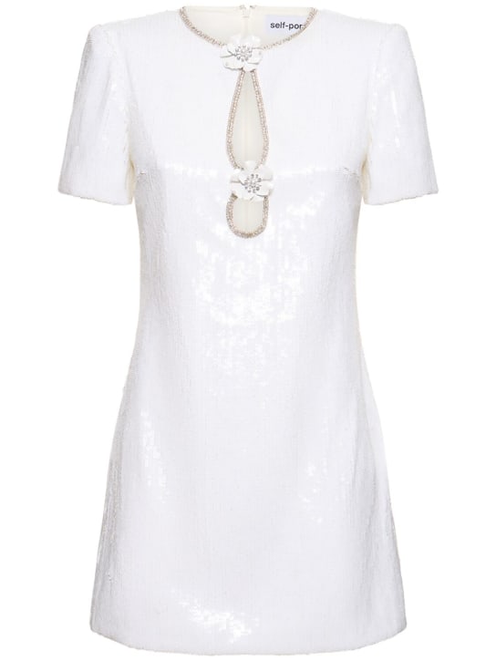 Self-portrait: Sequined short sleeve mini dress - White - women_0 | Luisa Via Roma
