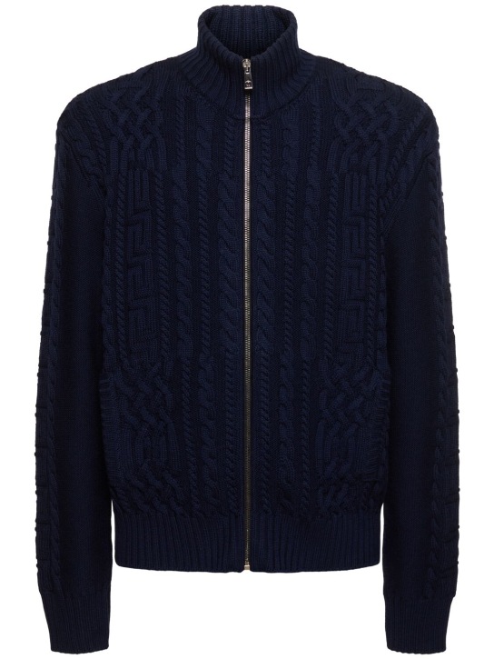Versace: Suéter de lana bordado medusa - Azul Marino - men_0 | Luisa Via Roma