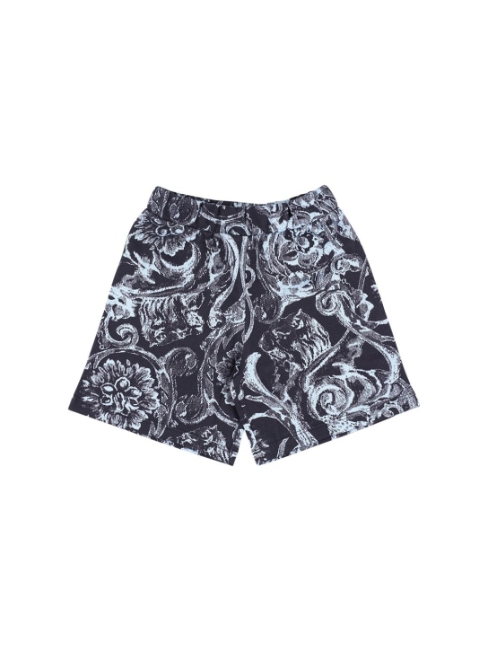 Versace: Baroque print cotton fleece shorts - Navy - kids-boys_0 | Luisa Via Roma