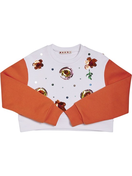Marni Junior: Sweat-shirt en coton imprimé à sequins - Blanc - kids-girls_0 | Luisa Via Roma
