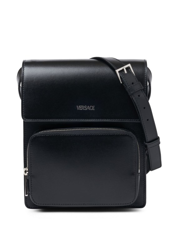 Versace: Vertical leather logo messenger bag - Black/Palladium - men_0 | Luisa Via Roma