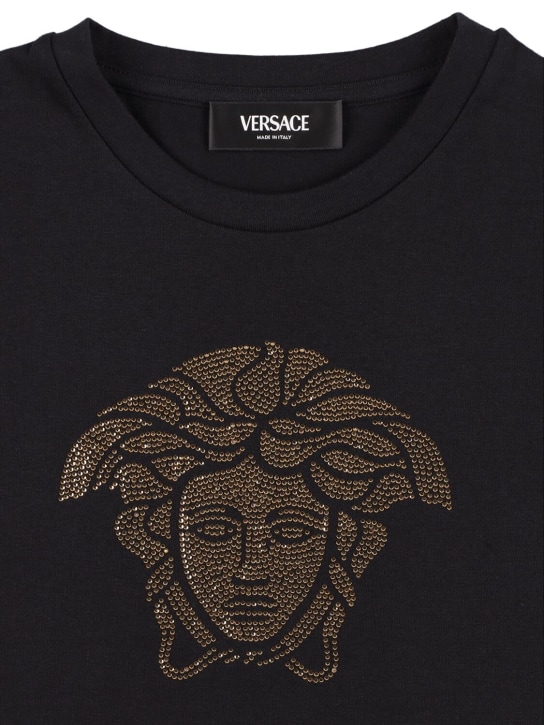Versace: T-shirt Medusa in jersey di cotone con cristalli - Nero/Oro - kids-girls_1 | Luisa Via Roma