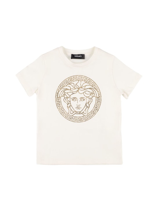 Versace: 프린트 메두사 코튼 저지 티셔츠 - 화이트/골드 - kids-boys_0 | Luisa Via Roma