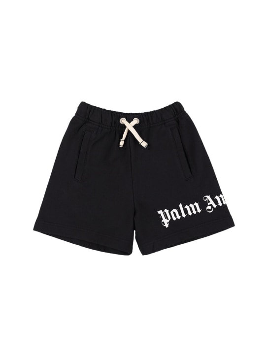 Palm Angels: Logo cotton sweat shorts - Black - kids-boys_0 | Luisa Via Roma