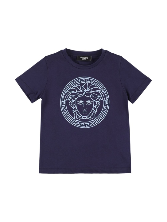 Versace: T-shirt in jersey di cotone con stampa Medusa - Blu Navy - kids-boys_0 | Luisa Via Roma