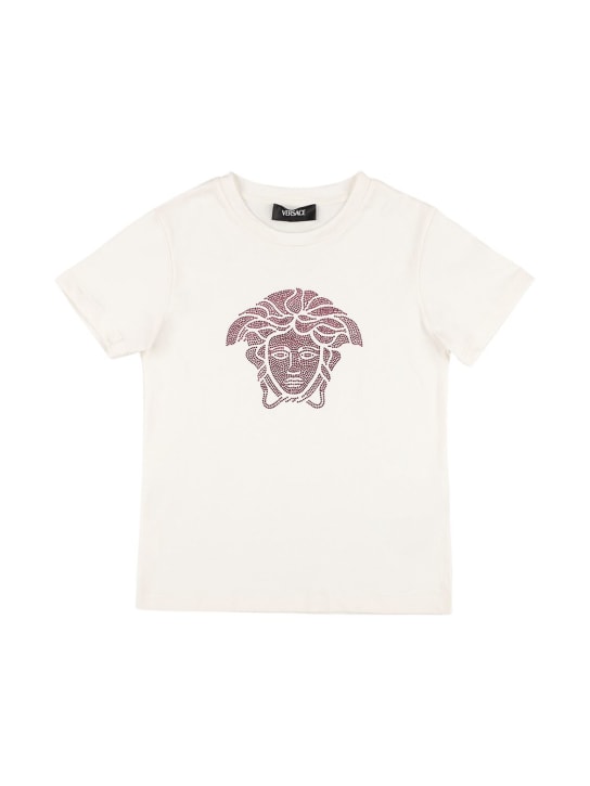 Versace: T-shirt Medusa in jersey di cotone con cristalli - Bianco/Rosa - kids-girls_0 | Luisa Via Roma