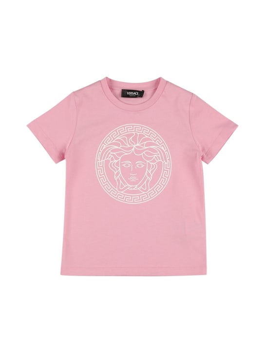 Versace: 로고 프린트 코튼 저지 티셔츠 - 핑크/화이트 - kids-girls_0 | Luisa Via Roma
