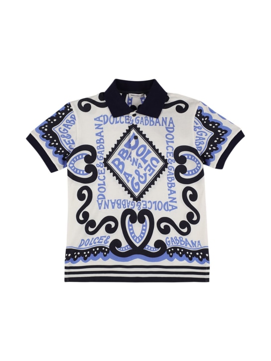 Dolce&Gabbana: Polo in jersey di cotone stampato - Bianco/Blu - kids-boys_0 | Luisa Via Roma