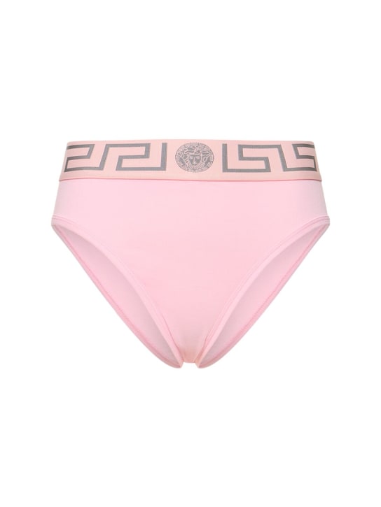 Versace: Greca stretch jersey high rise briefs - Pink - women_0 | Luisa Via Roma