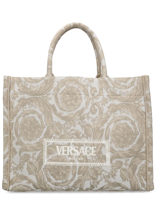 Versace: Large Barocco jacquard tote bag - Beige - women_0 | Luisa Via Roma
