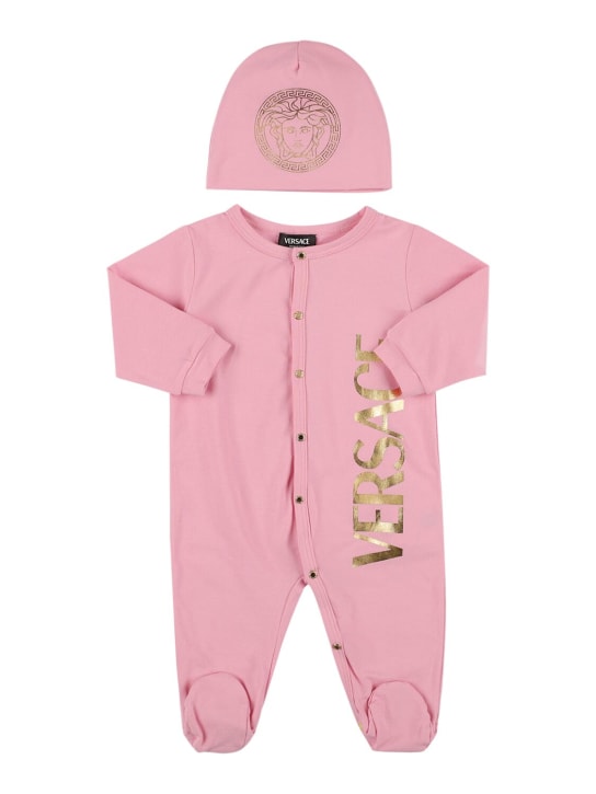 Versace: 棉质平纹针织连体衣&帽子 - 粉色/金色 - kids-girls_0 | Luisa Via Roma