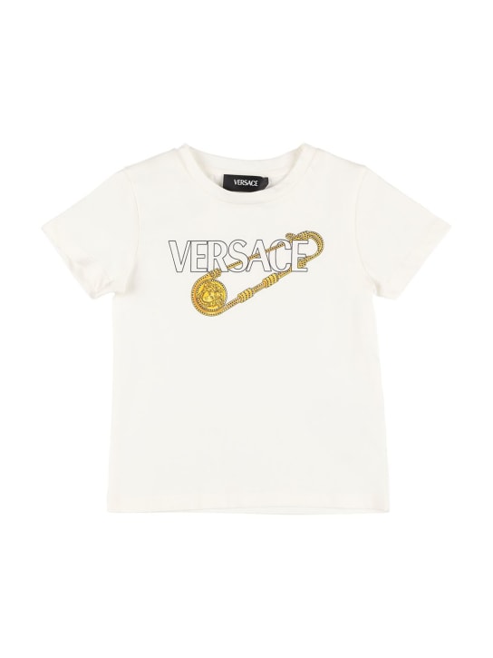 Versace: T-shirt in jersey di cotone con stampa - Bianco/Nero - kids-boys_0 | Luisa Via Roma