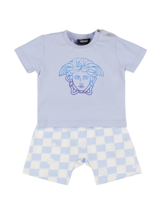 Versace: T-shirt e shorts in jersey di cotone - Bianco/Azzurro - kids-girls_0 | Luisa Via Roma