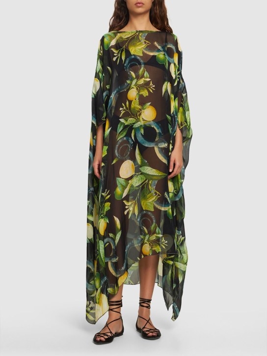 Roberto Cavalli: Printed silk chiffon caftan dress - Multi/Black - women_1 | Luisa Via Roma