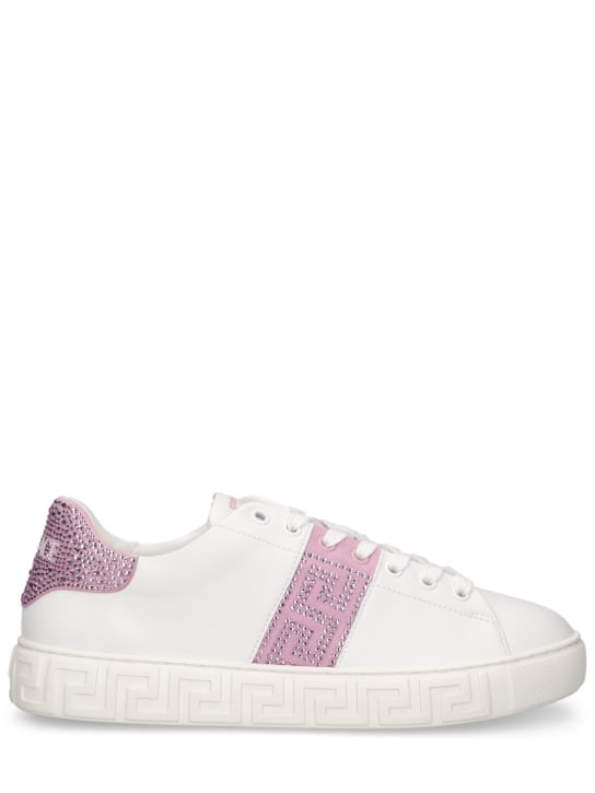 Versace: Faux leather & crystals low top sneakers - White/Pink - women_0 | Luisa Via Roma