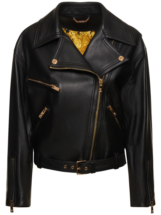 Versace: Leather plongé biker jacket - Black - women_0 | Luisa Via Roma