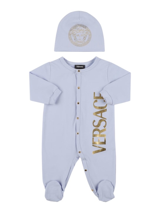 Versace: Barboteuse & bonnet en jersey de coton - White/Blue/Gold - kids-boys_0 | Luisa Via Roma