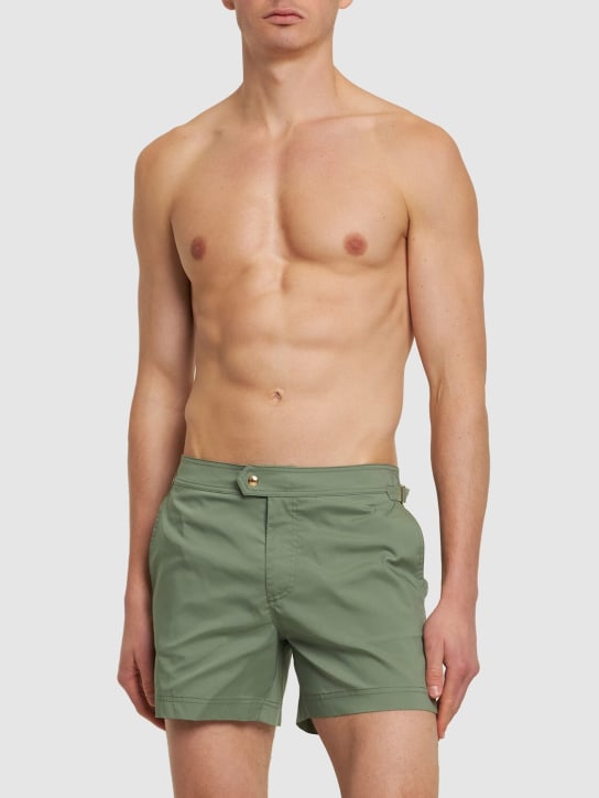 Tom Ford: Compact poplin swim shorts w/ piping - Military Green - men_1 | Luisa Via Roma