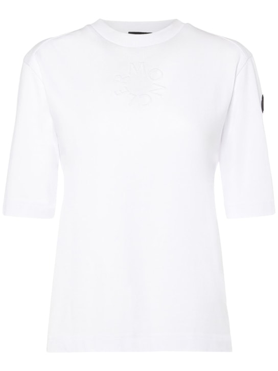 Moncler: T-Shirt aus Baumwolljersey mit geprägtem Logo - Weiß - women_0 | Luisa Via Roma