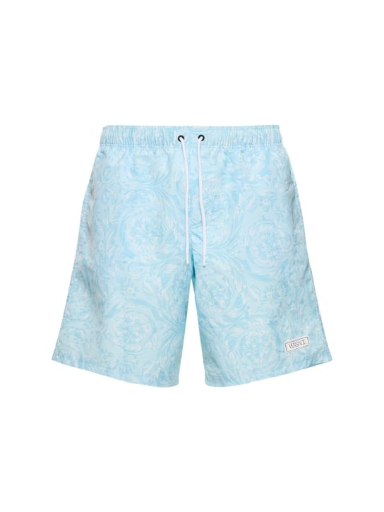 Versace Underwear: Barocco print nylon swim shorts - Light Blue - men_0 | Luisa Via Roma