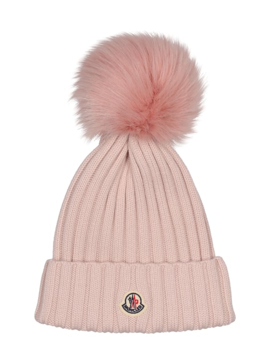 Moncler: 绒球装饰羊毛便帽 - 粉色 - women_0 | Luisa Via Roma