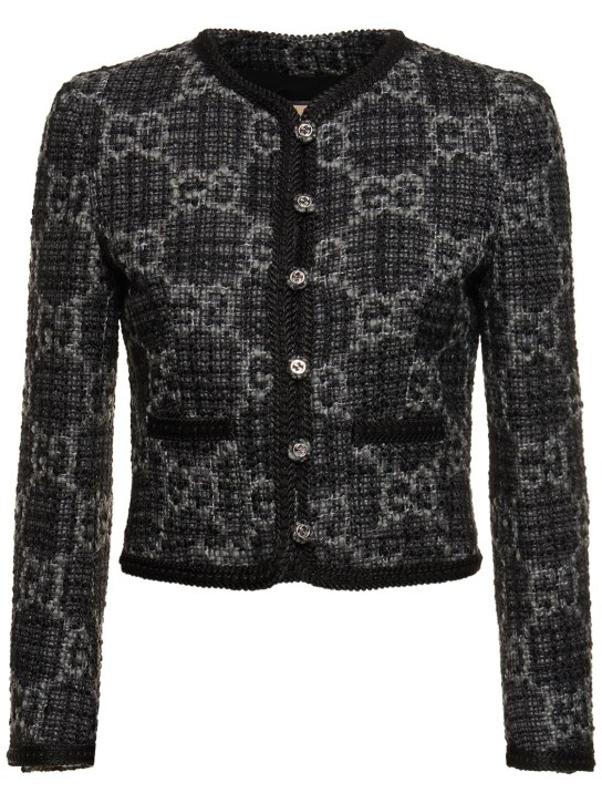 Gucci: Veste en tweed de laine mélangée GG - Noir Gris/Noir - women_0 | Luisa Via Roma