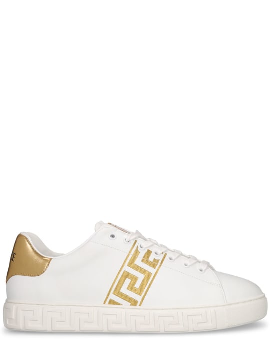 Versace: Faux leather logo sneakers - White/Gold - men_0 | Luisa Via Roma
