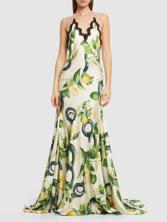 Roberto Cavalli: Printed silk twill crisscross maxi dress - Multi Ivory - women_1 | Luisa Via Roma