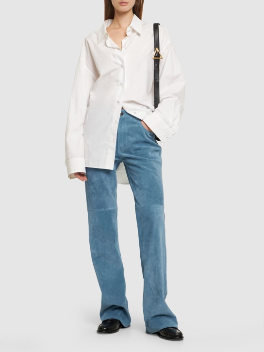 Chloé: 皮革&麂皮直筒裤 - 蓝色 - women_1 | Luisa Via Roma