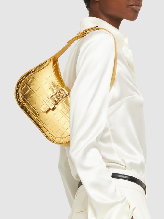 Versace: Petit sac hobo en cuir embossé - Or - women_1 | Luisa Via Roma