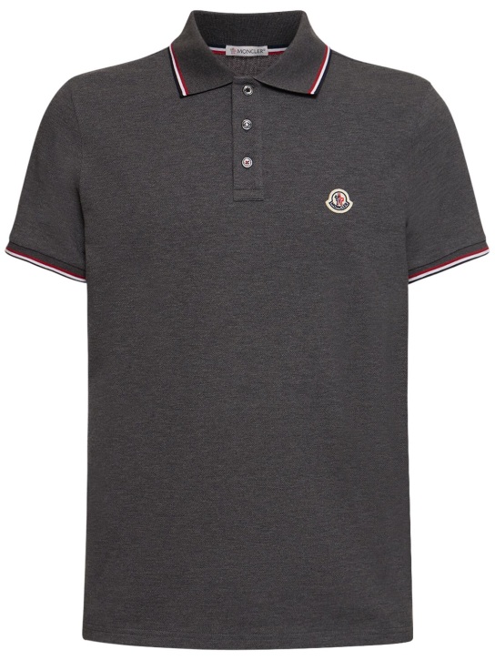 Moncler: Logo patch cotton polo shirt - Black - men_0 | Luisa Via Roma
